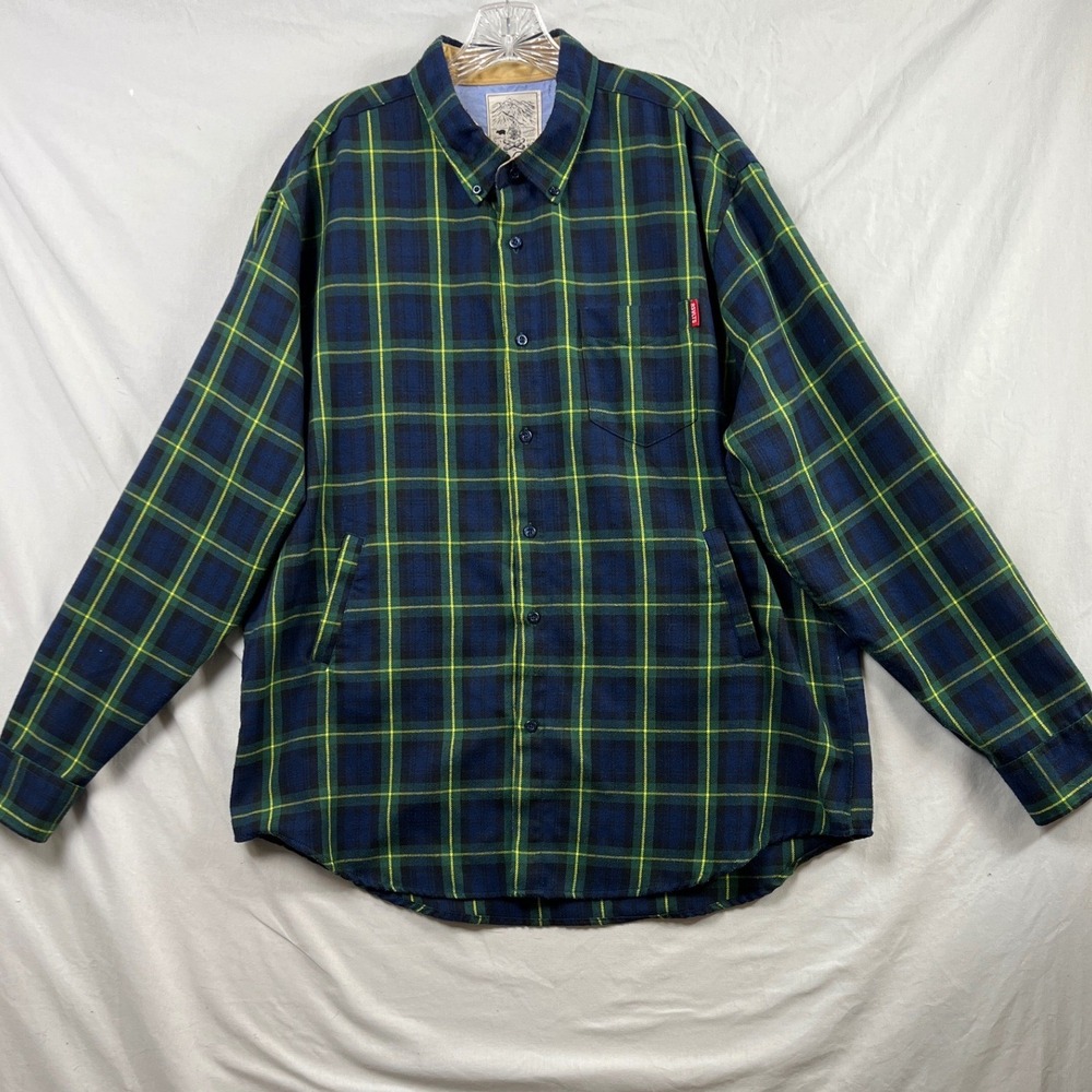 RSVLTS Flannel Shirt Mens XL Navy Green Yellow Plaid Long Sleeve Button Down